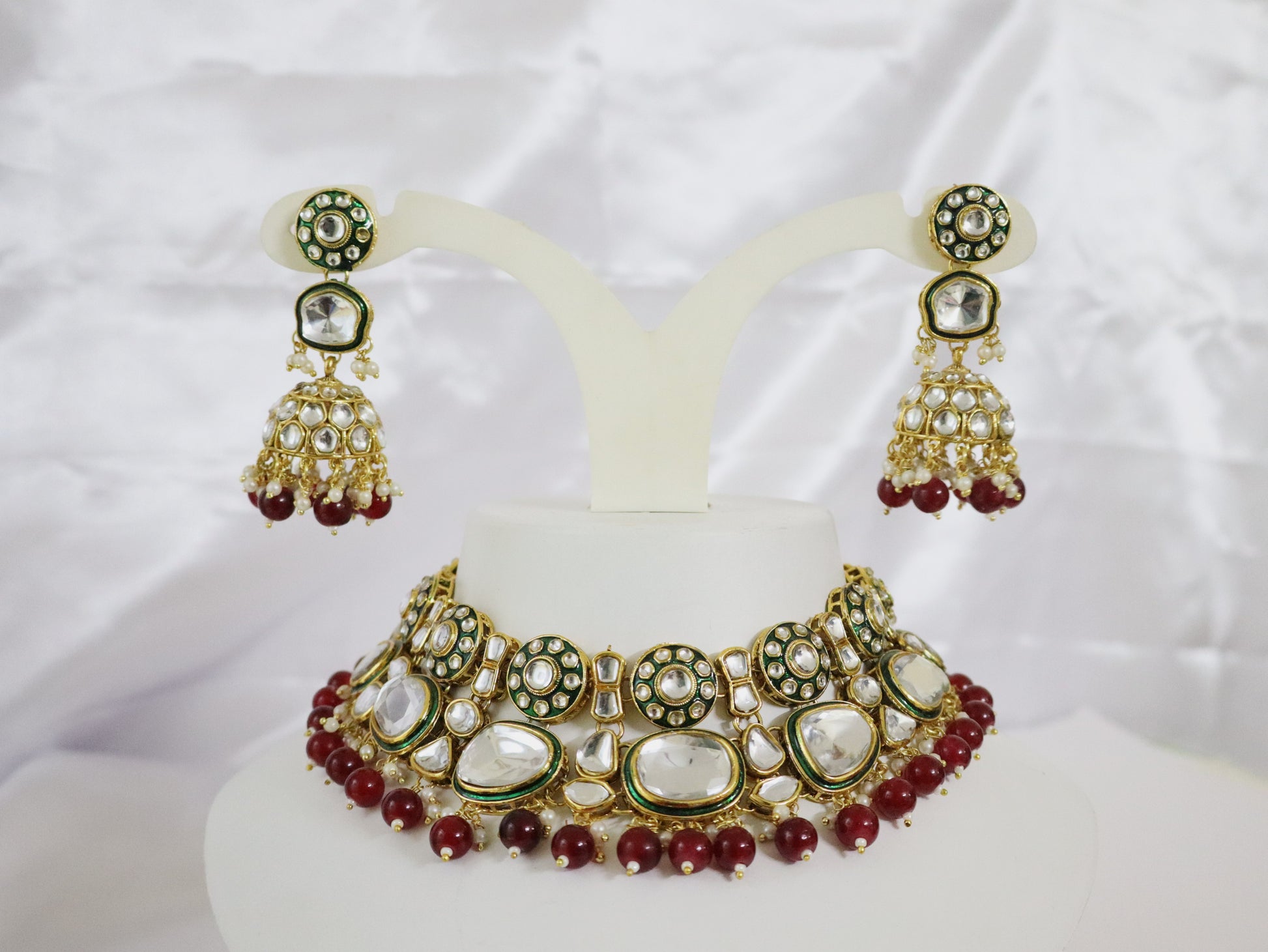 Green & Maroon Kundan Polki Bridal Choker Set