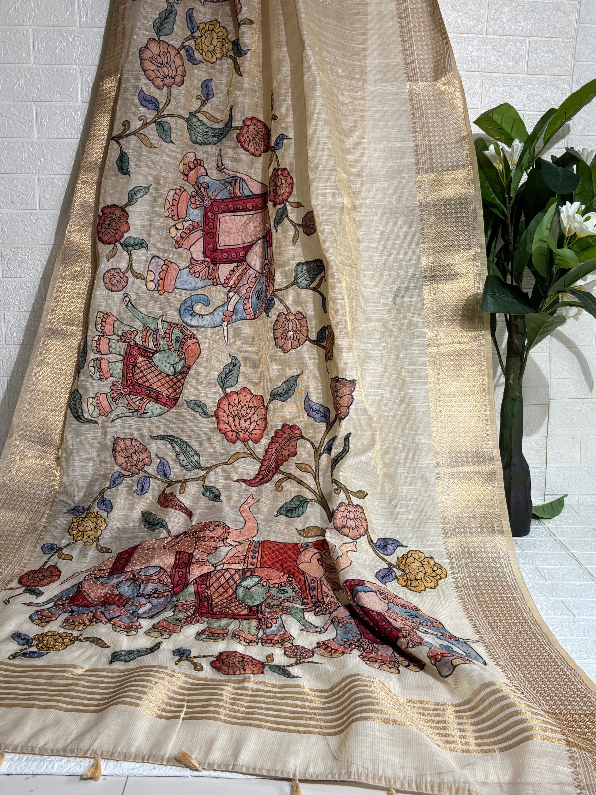 Ivory Jute Silk Saree with Hand-Painted Royal Elephant Motif