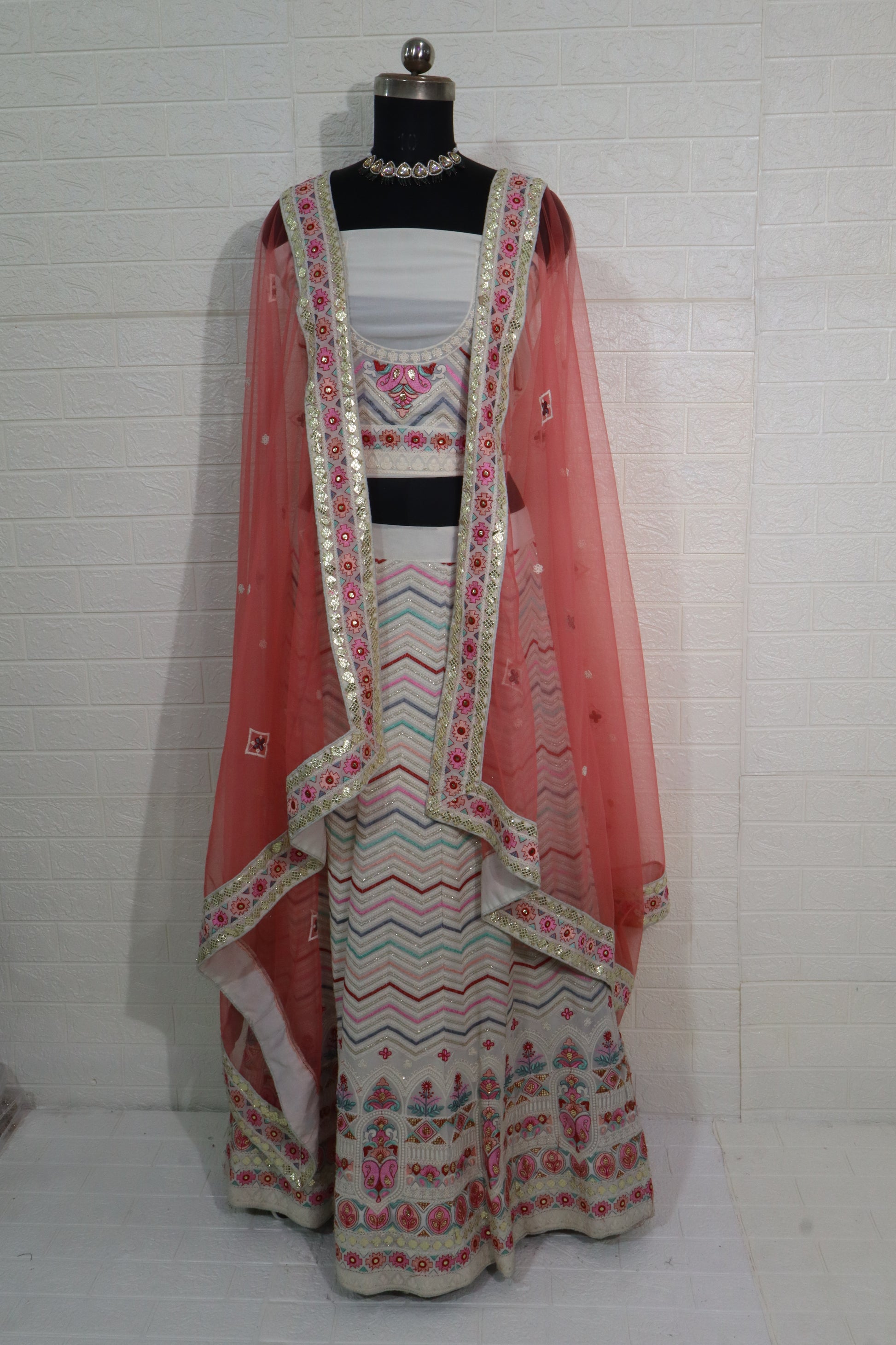 Pastel Chevron & Floral Embroidered Lehenga Set