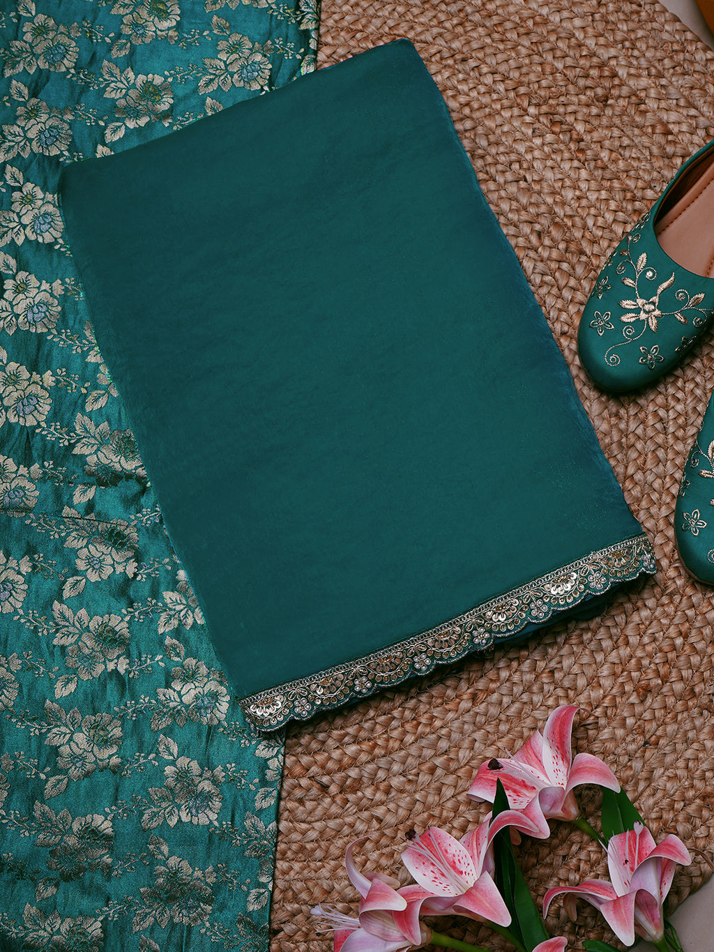 Teal Green Silk Saree with Golden Floral Weave & Embellished Border