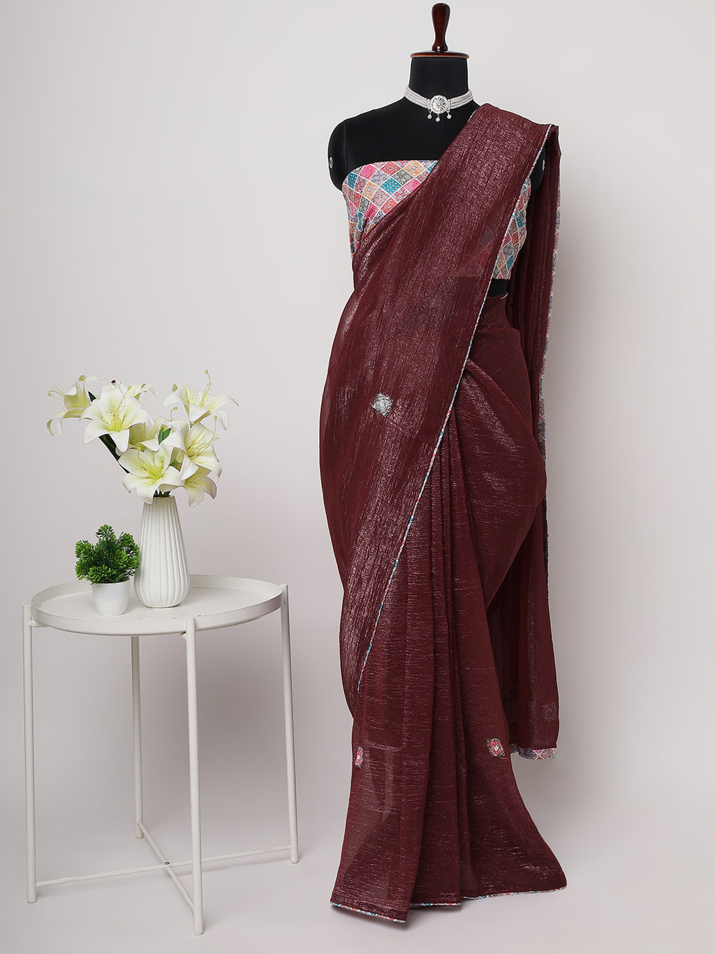Wine Shimmer Saree with Subtle Embroidery & Contrasting Blouse