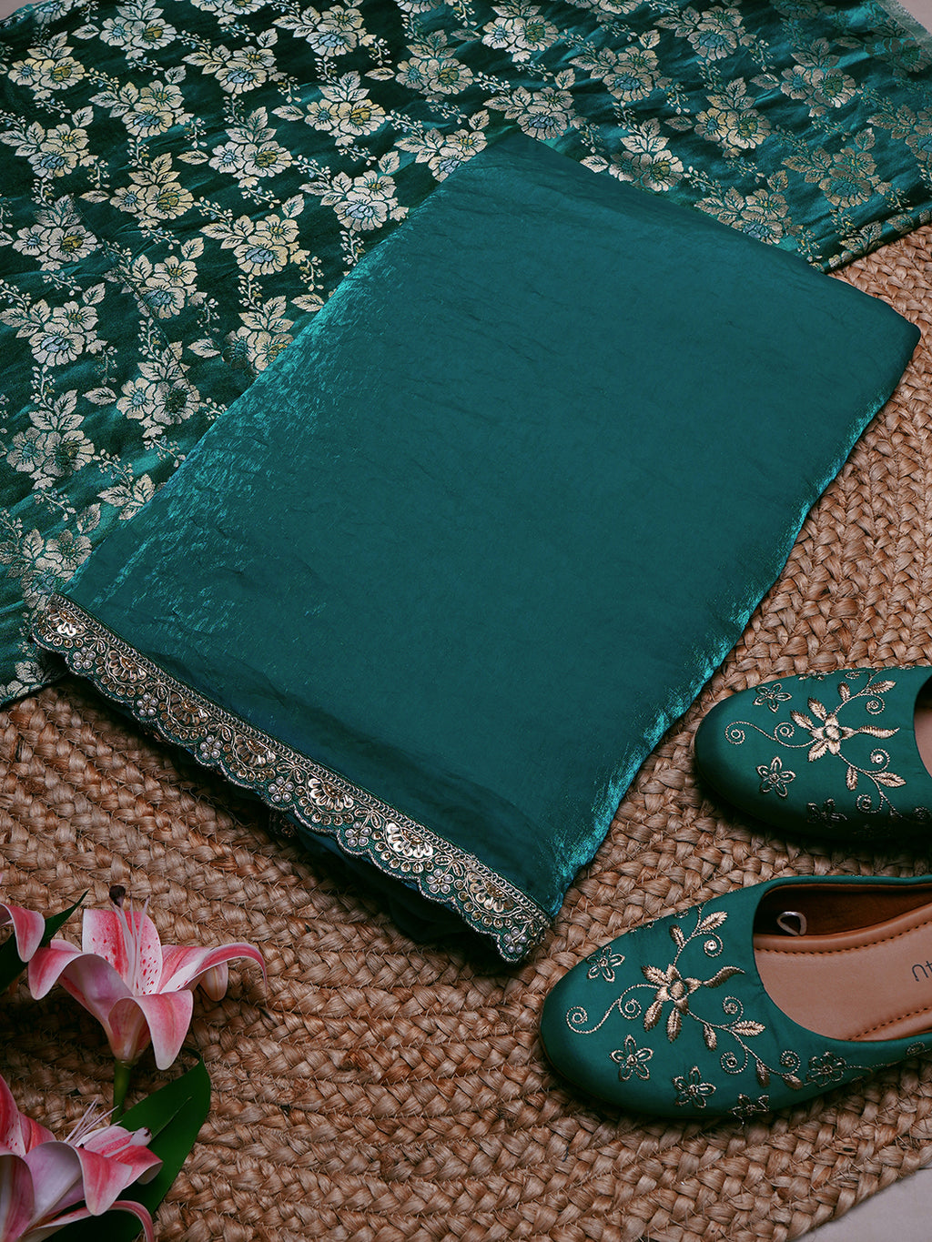 Teal Green Silk Saree with Golden Floral Weave & Embellished Border