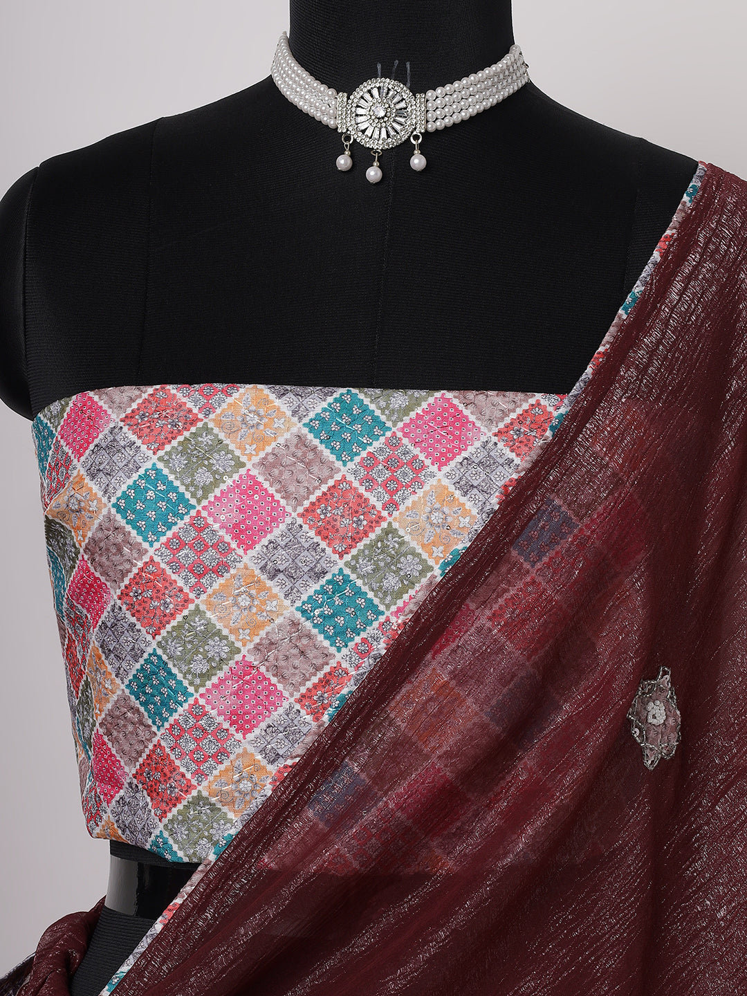 Wine Shimmer Saree with Subtle Embroidery & Contrasting Blouse