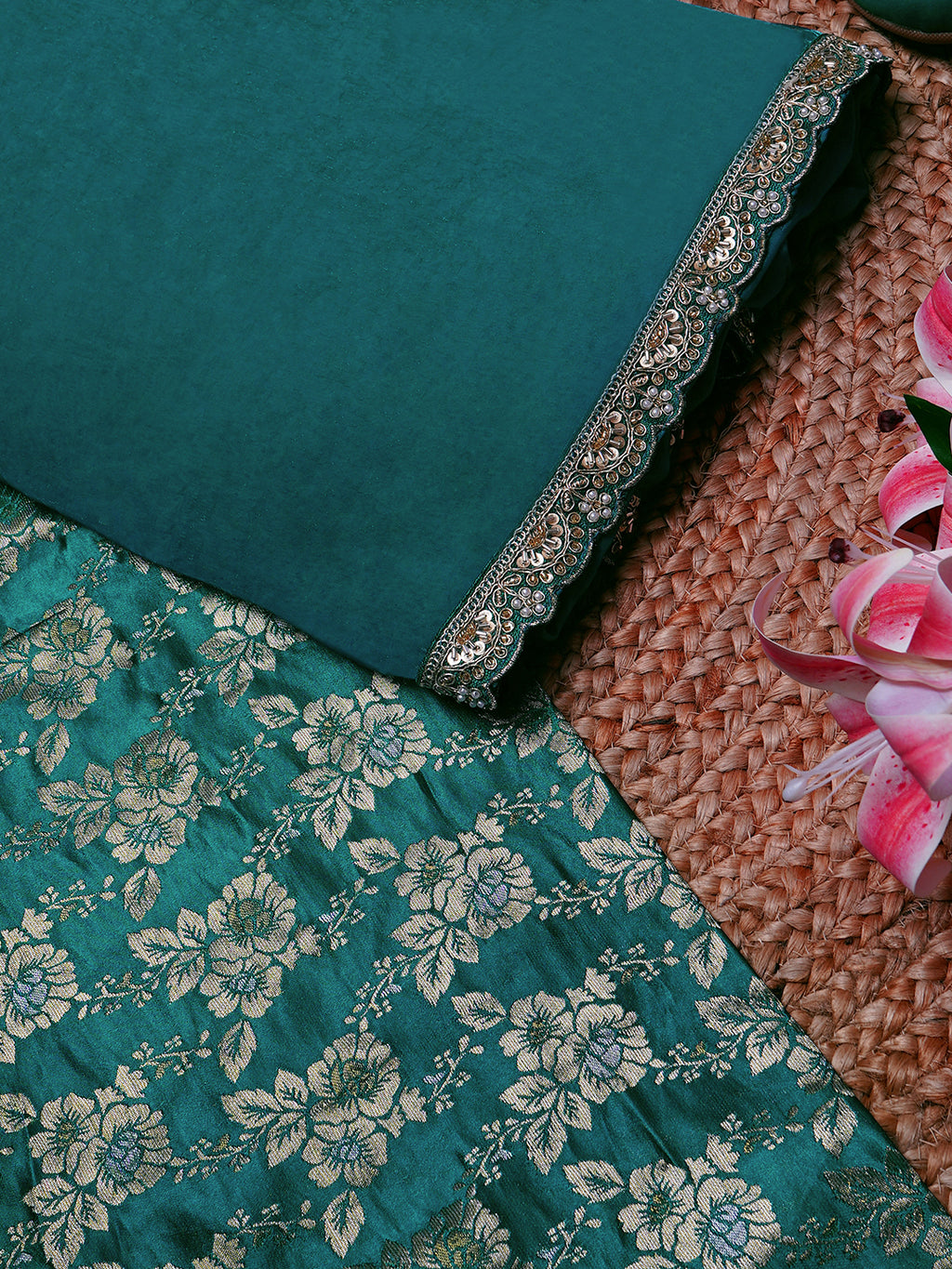 Teal Green Silk Saree with Golden Floral Weave & Embellished Border