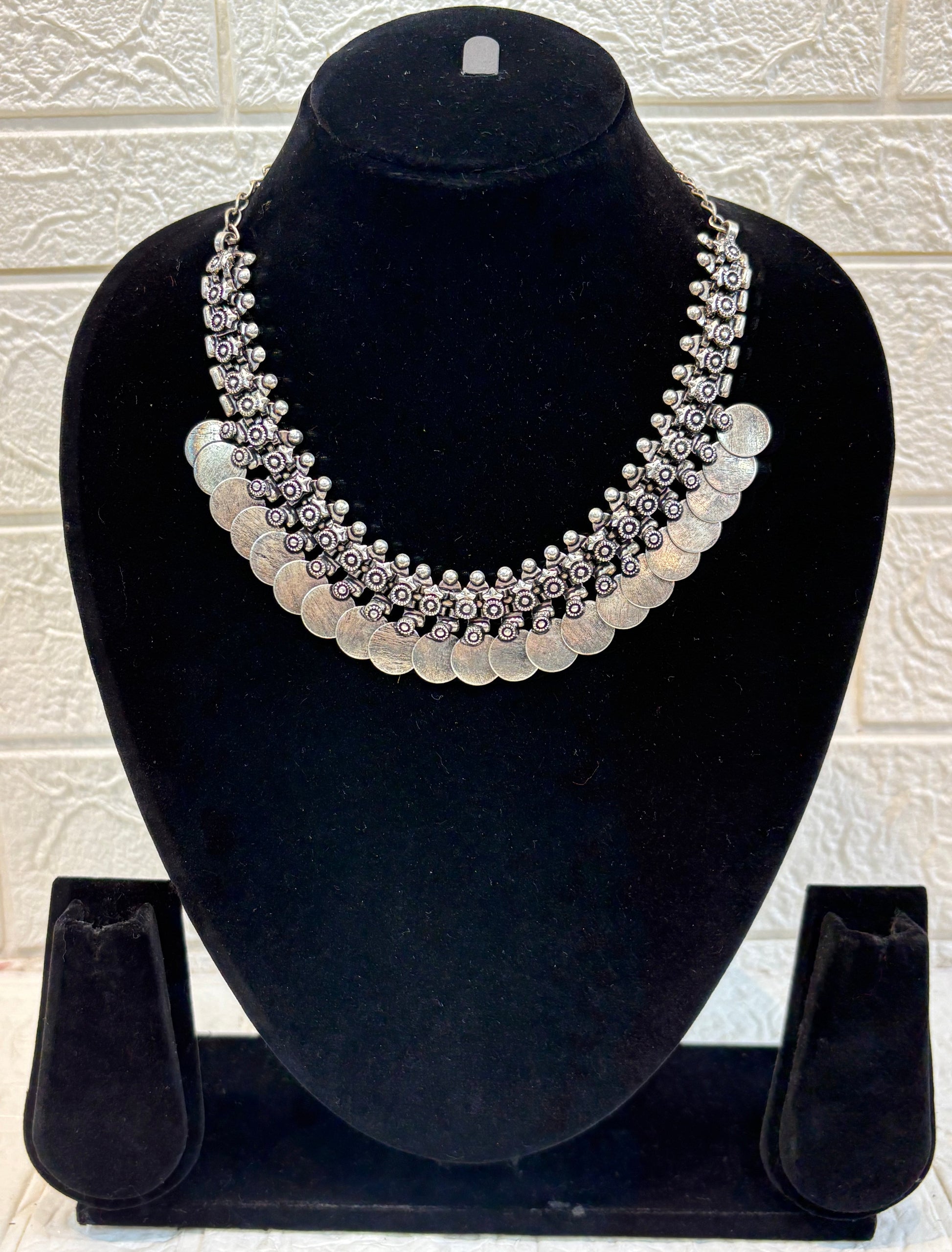 Name: Antique Coin Oxidized Necklace German silver base with layered coin and bead embellishments