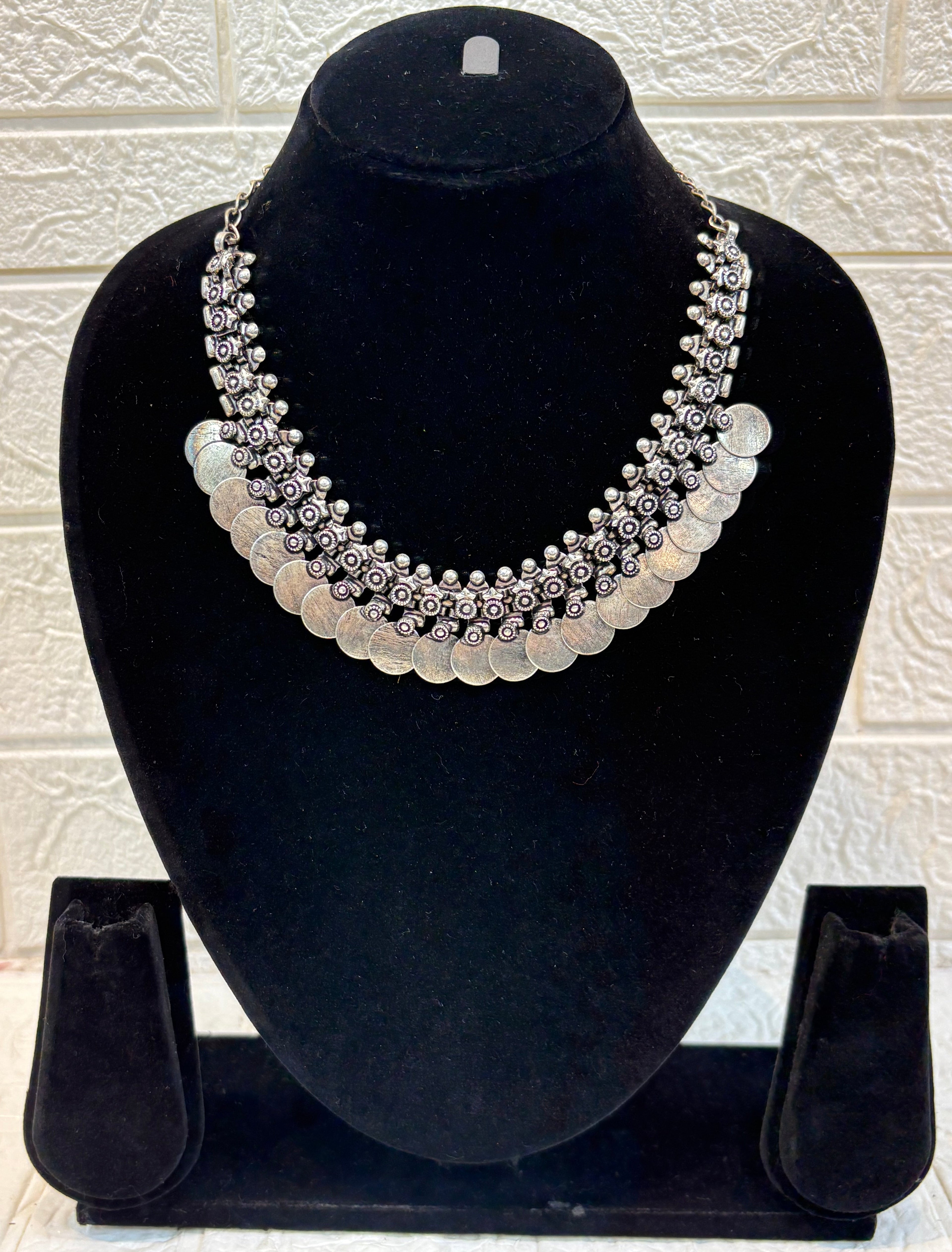 Name: Antique Coin Oxidized Necklace German silver base with layered coin and bead embellishments