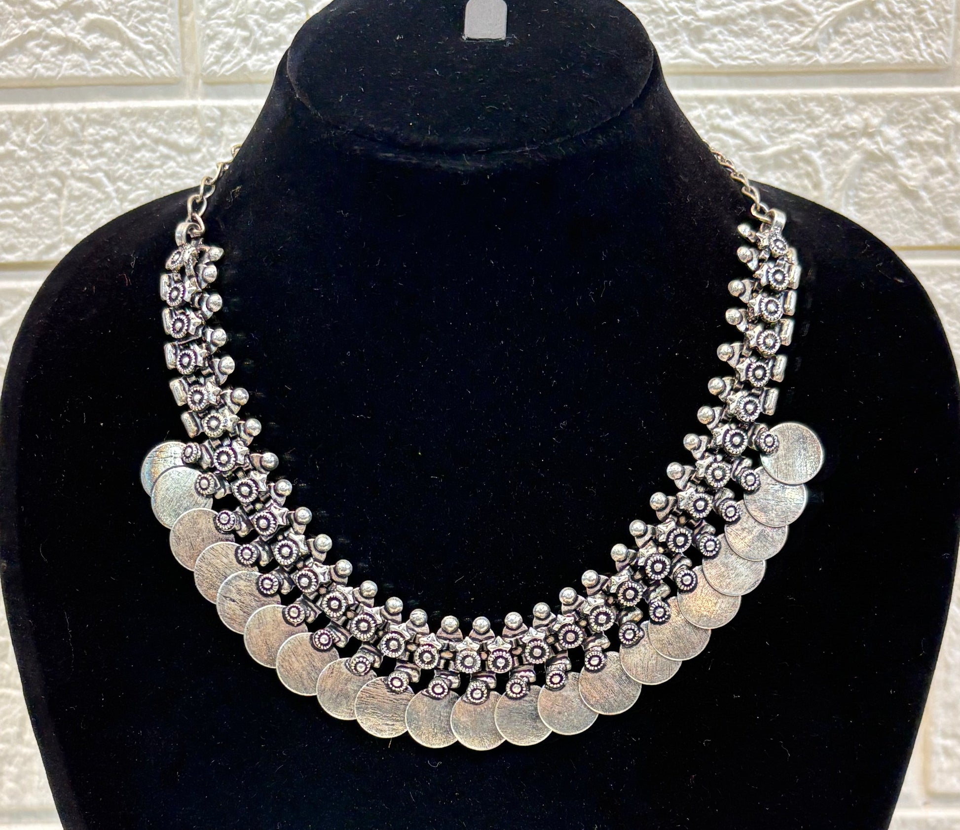 Name: Antique Coin Oxidized Necklace German silver base with layered coin and bead embellishments