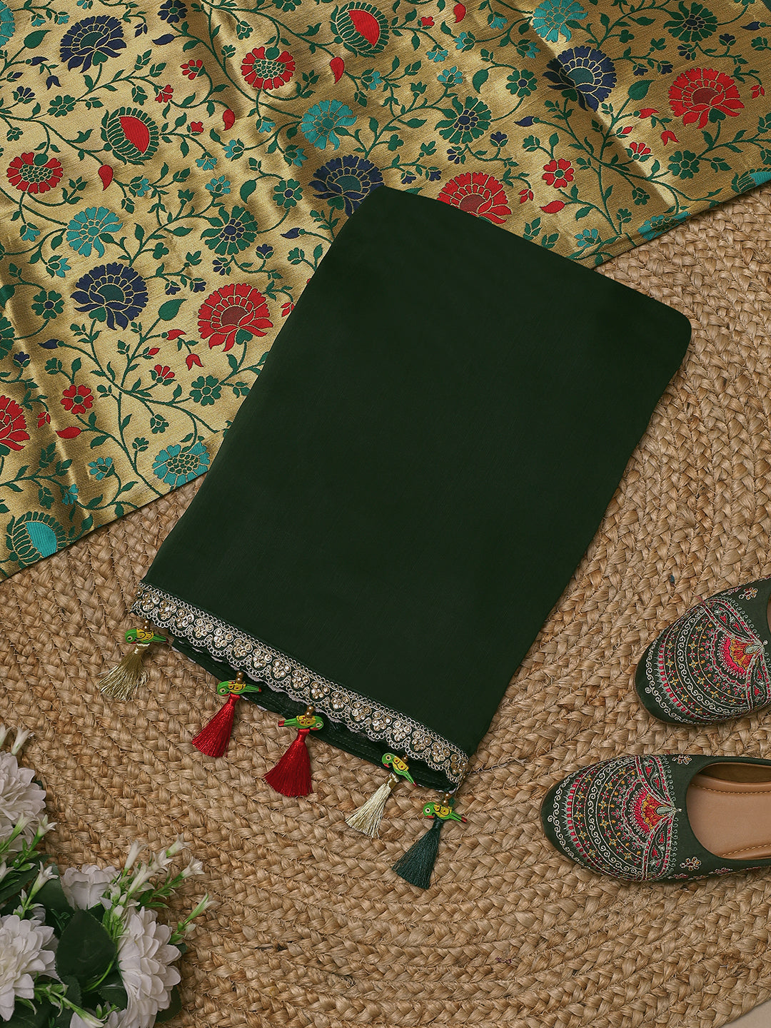 Bottle Green Saree with Banarasi Floral Pallu