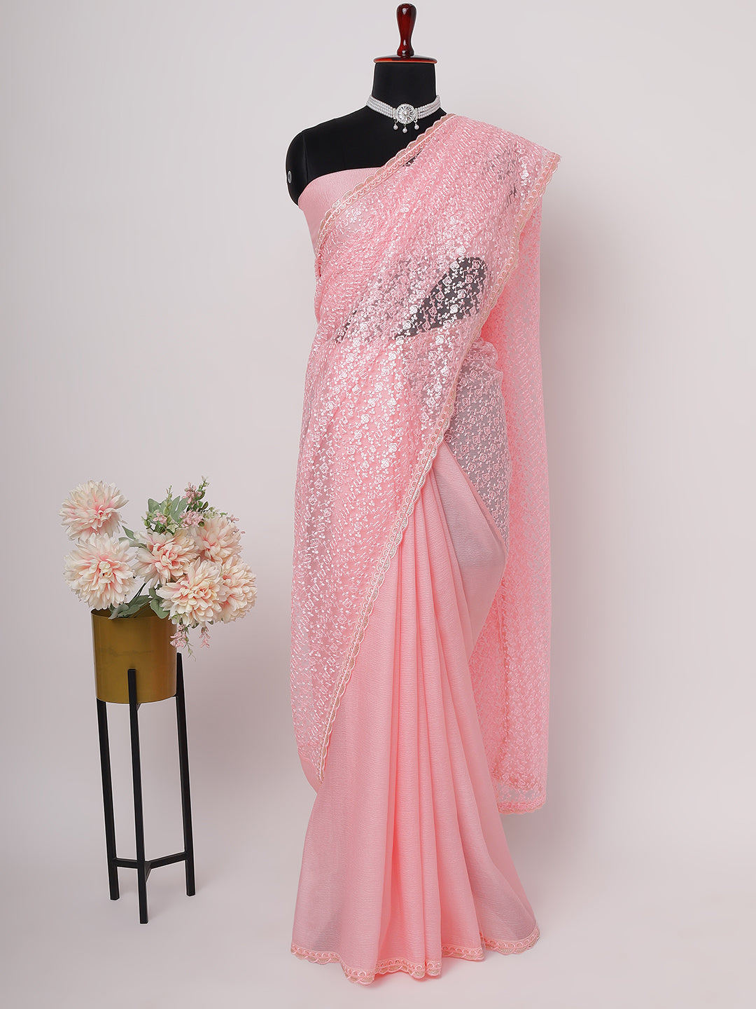 Blush Pink Sequin Embellished Saree with Delicate Lace Border