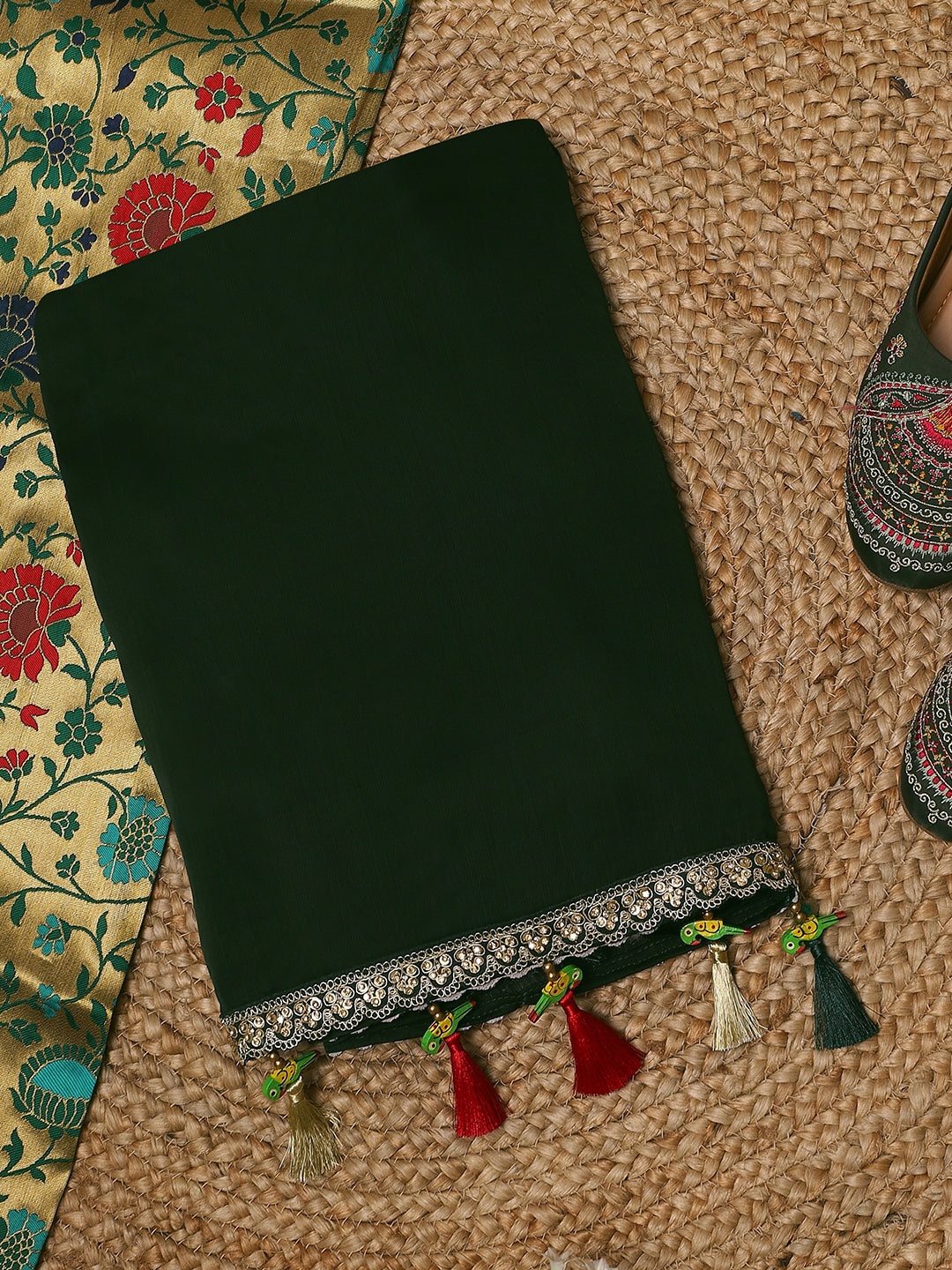 Bottle Green Saree with Banarasi Floral Pallu