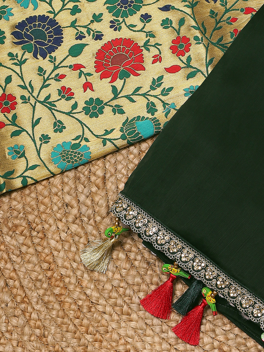 Bottle Green Saree with Banarasi Floral Pallu