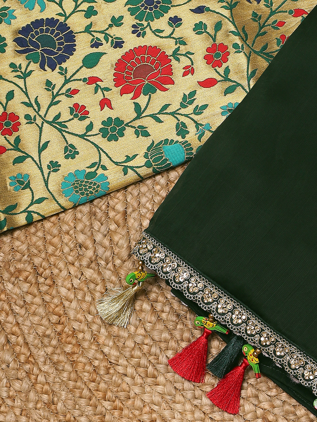 Bottle Green Saree with Banarasi Floral Pallu