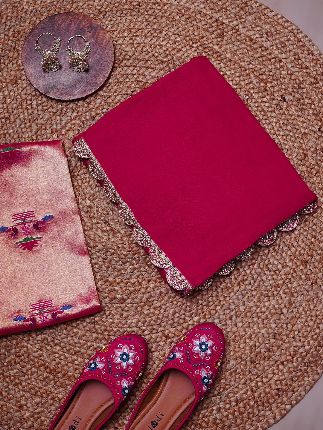 Rani Pink Saree with Embroidered Scallop Border