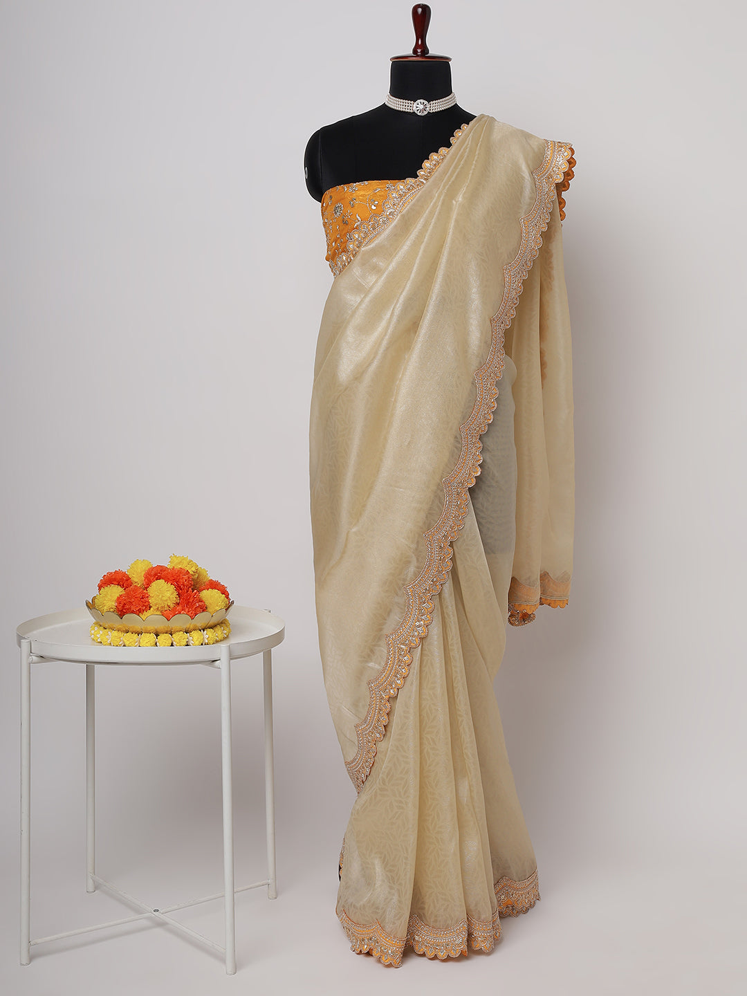 Cream Organza Saree with Embroidered Scallop Border