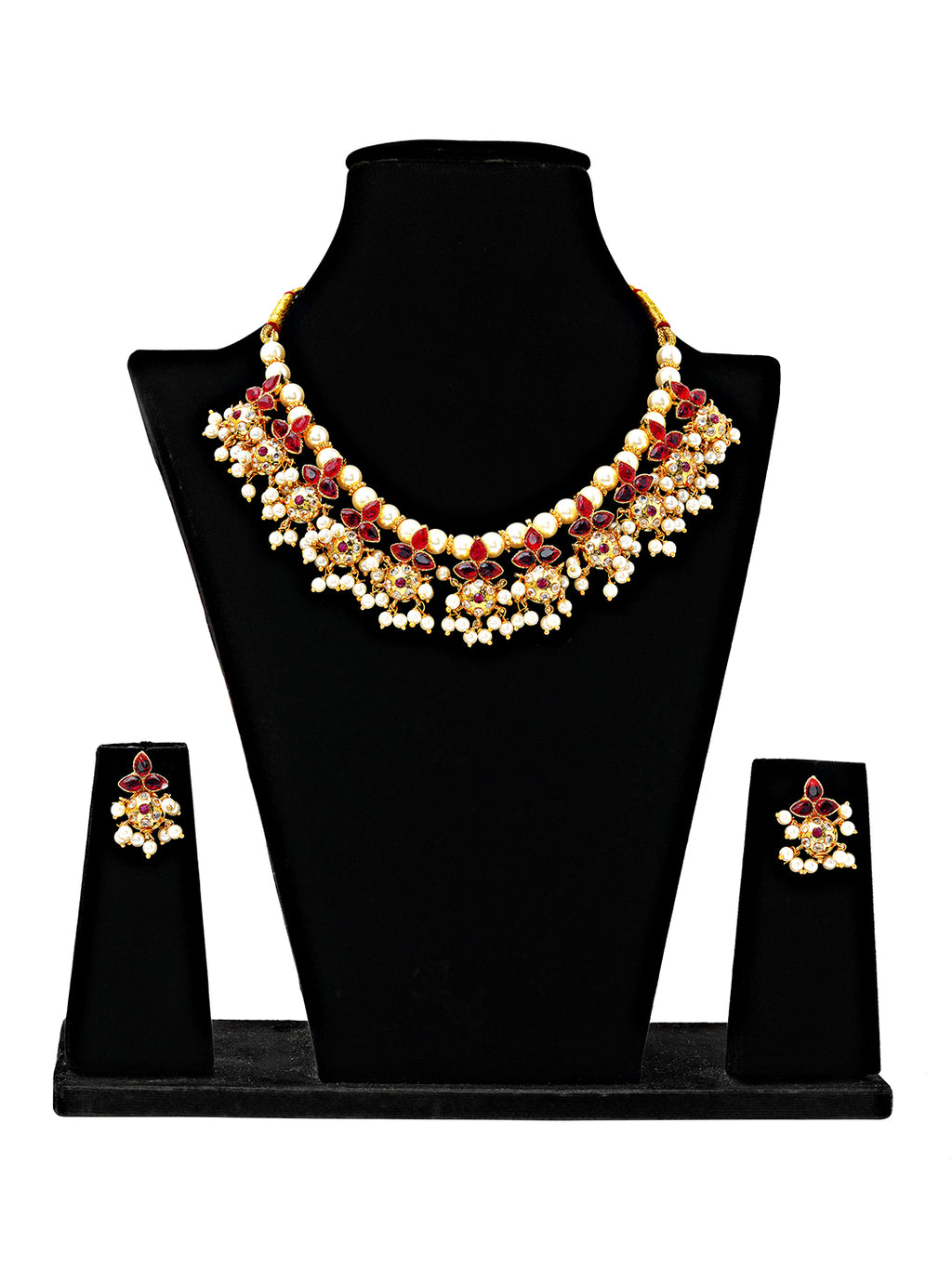 Traditional Red & Pearl Kundan Necklace & Earrings Set