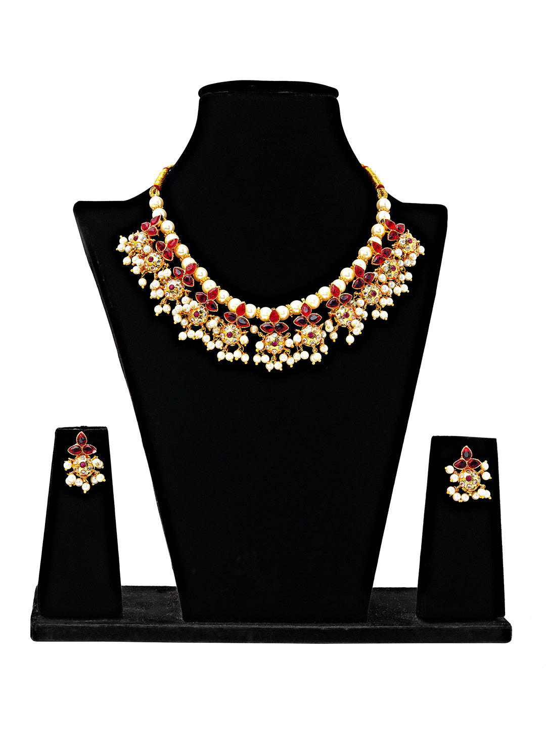 Traditional Red & Pearl Kundan Necklace & Earrings Set