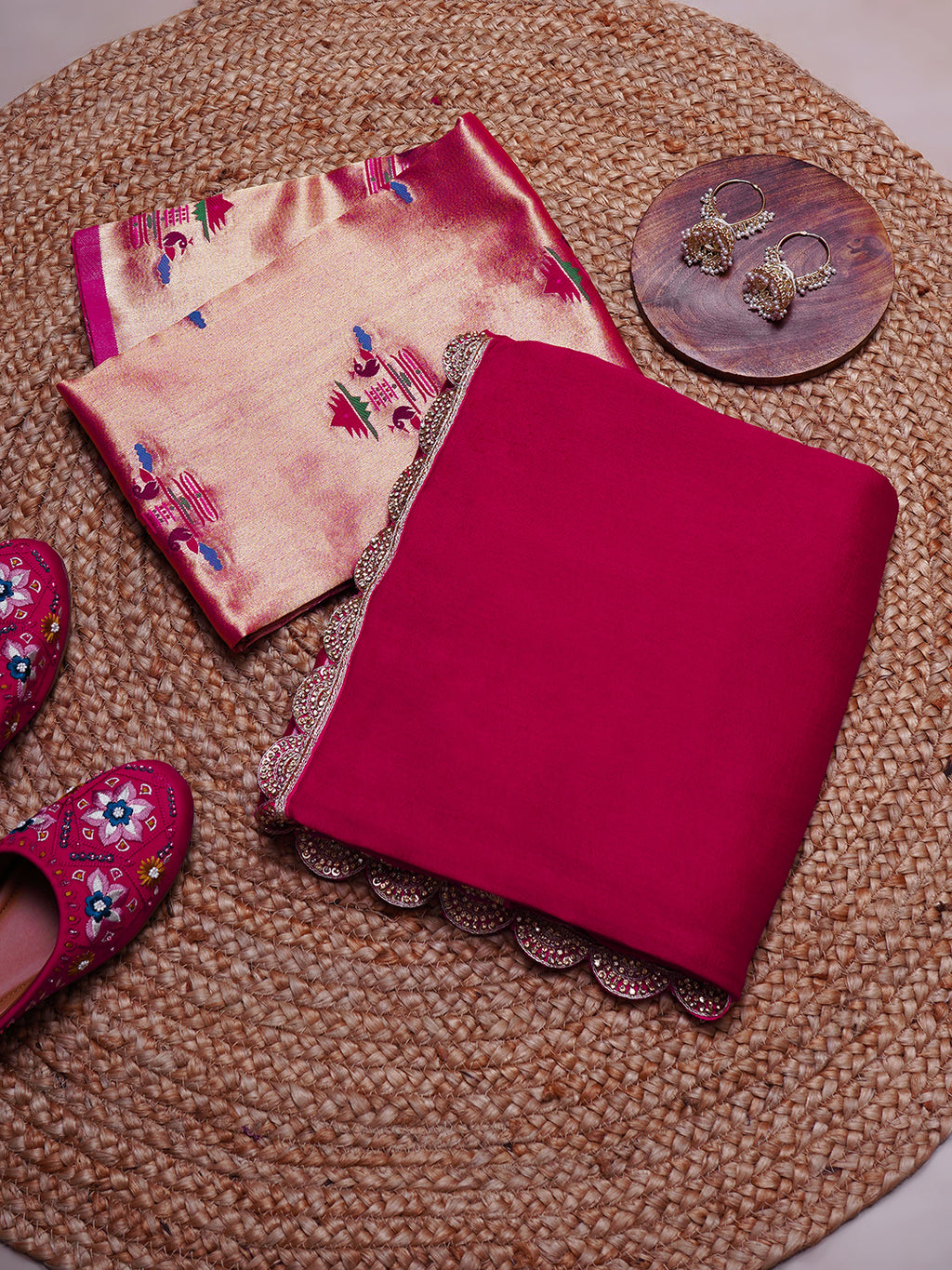 Rani Pink Saree with Embroidered Scallop Border