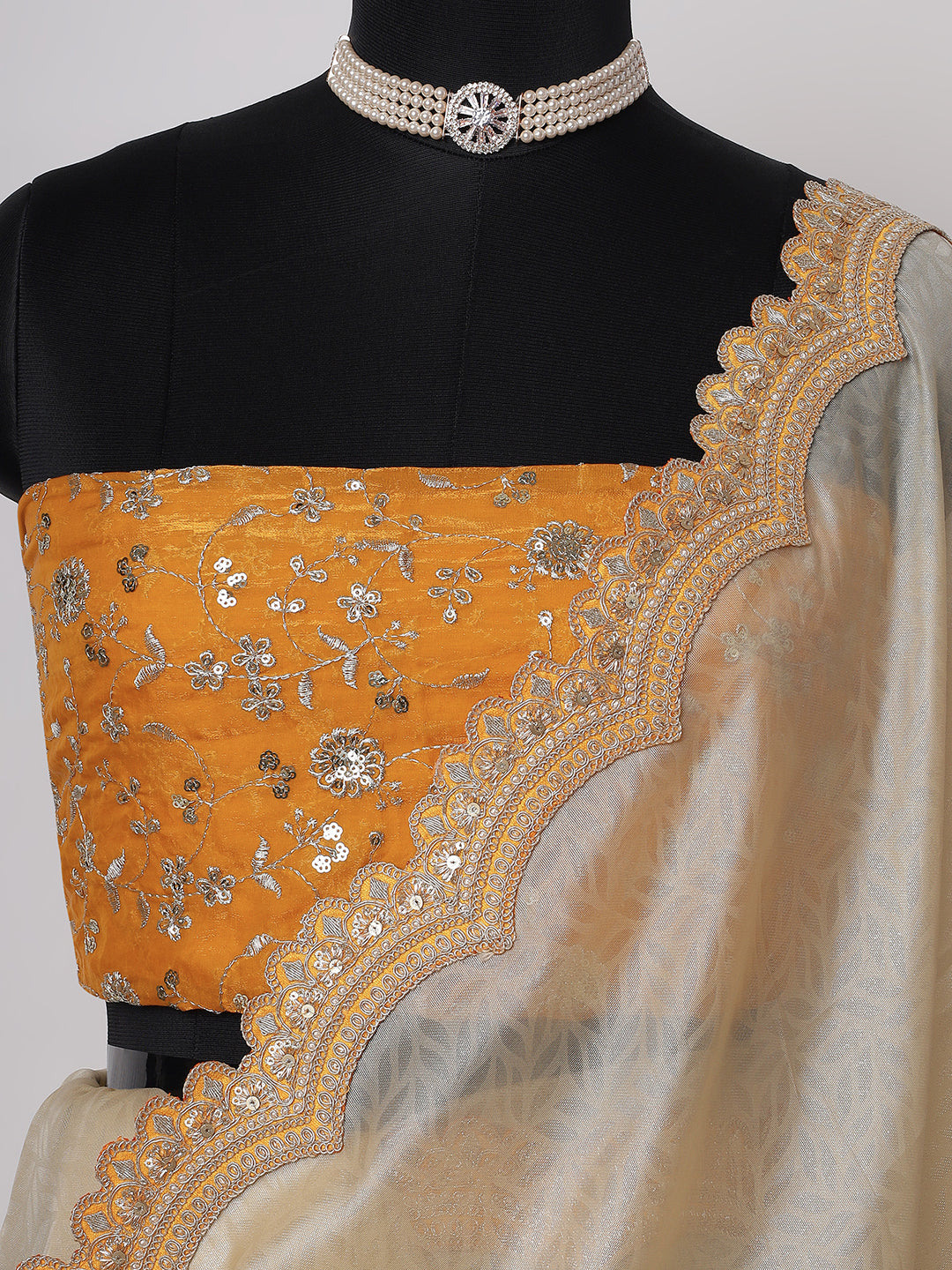 Cream Organza Saree with Embroidered Scallop Border