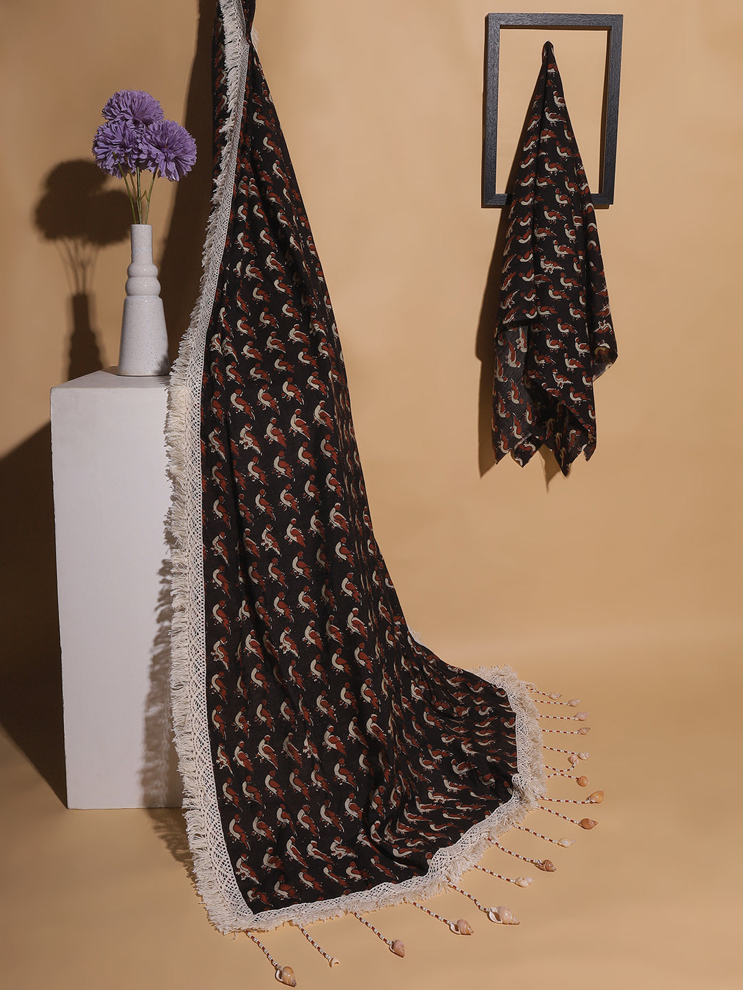 "Nocturnal Elegance" – Black Printed Silk Saree with Lace and Shell Detailing