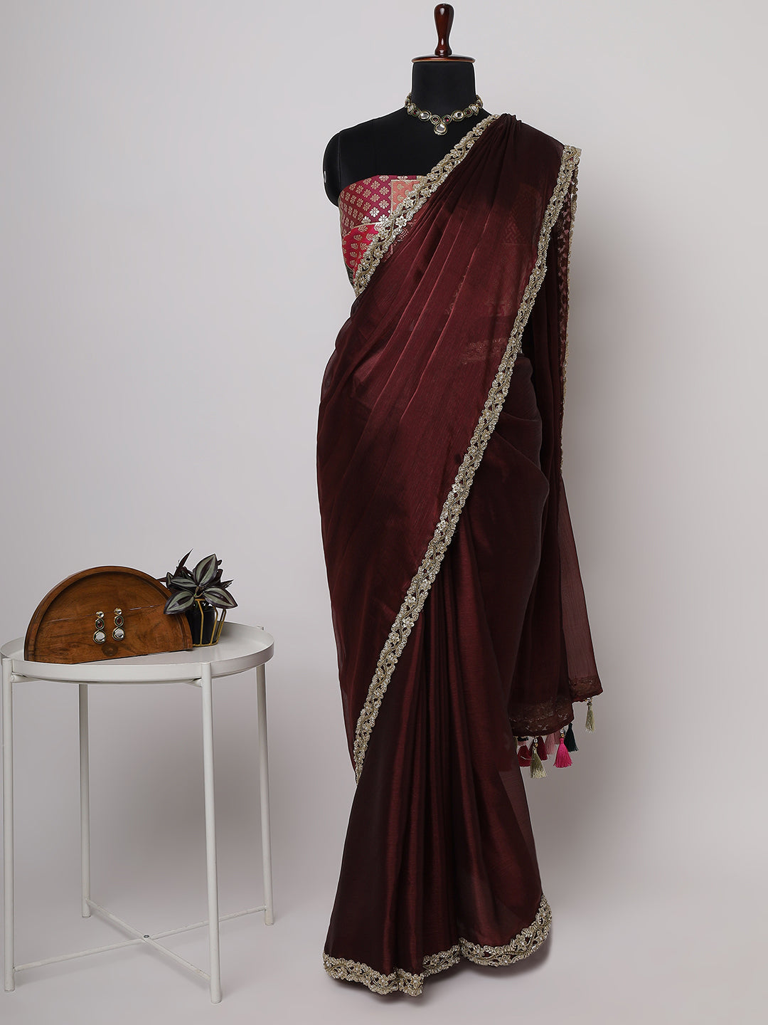 Maroon Silk Saree with Golden Embroidered Border & Contrast Blouse