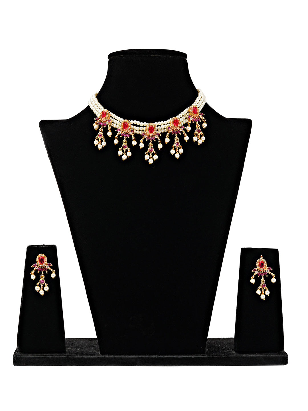 Elegant Pearl & Red Stone Choker Necklace Set with Dangling Earrings