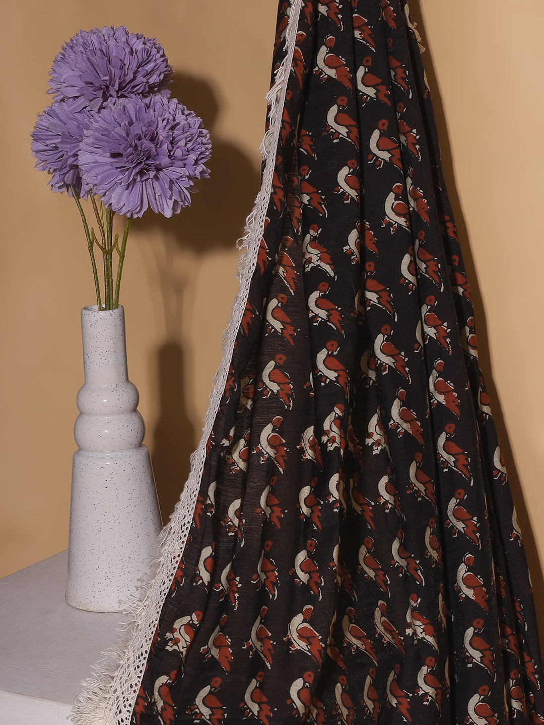"Nocturnal Elegance" – Black Printed Silk Saree with Lace and Shell Detailing