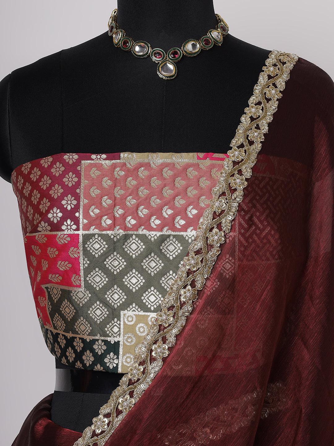 Maroon Silk Saree with Golden Embroidered Border & Contrast Blouse