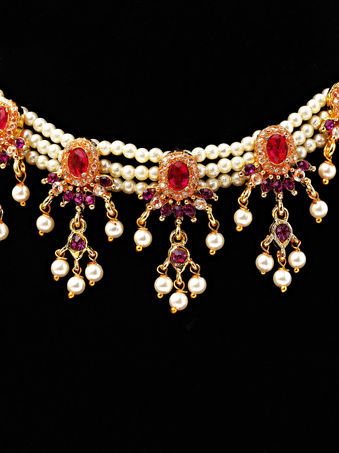 Elegant Pearl & Red Stone Choker Necklace Set with Dangling Earrings