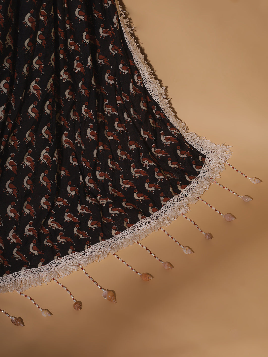 "Nocturnal Elegance" – Black Printed Silk Saree with Lace and Shell Detailing