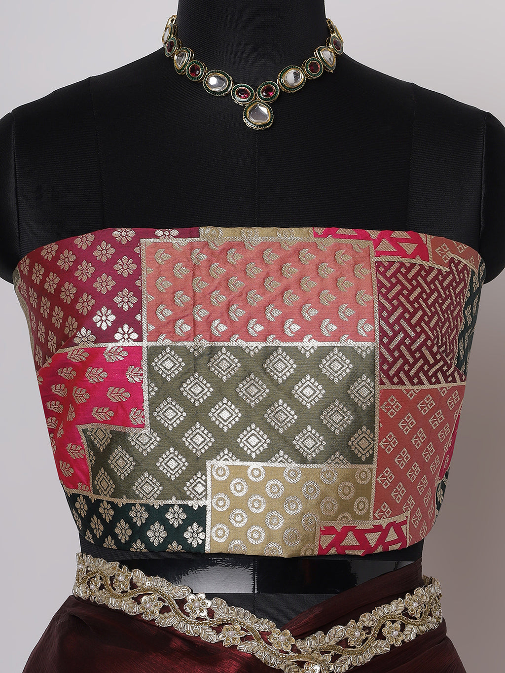 Maroon Silk Saree with Golden Embroidered Border & Contrast Blouse