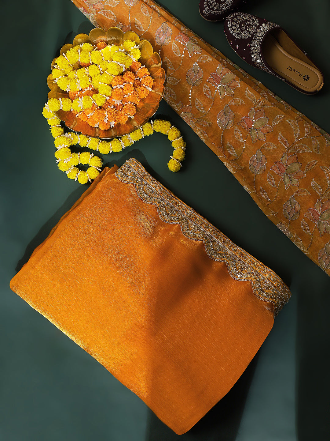 Festive Mustard Yellow Saree with Embroidered Blouse & Scalloped Border