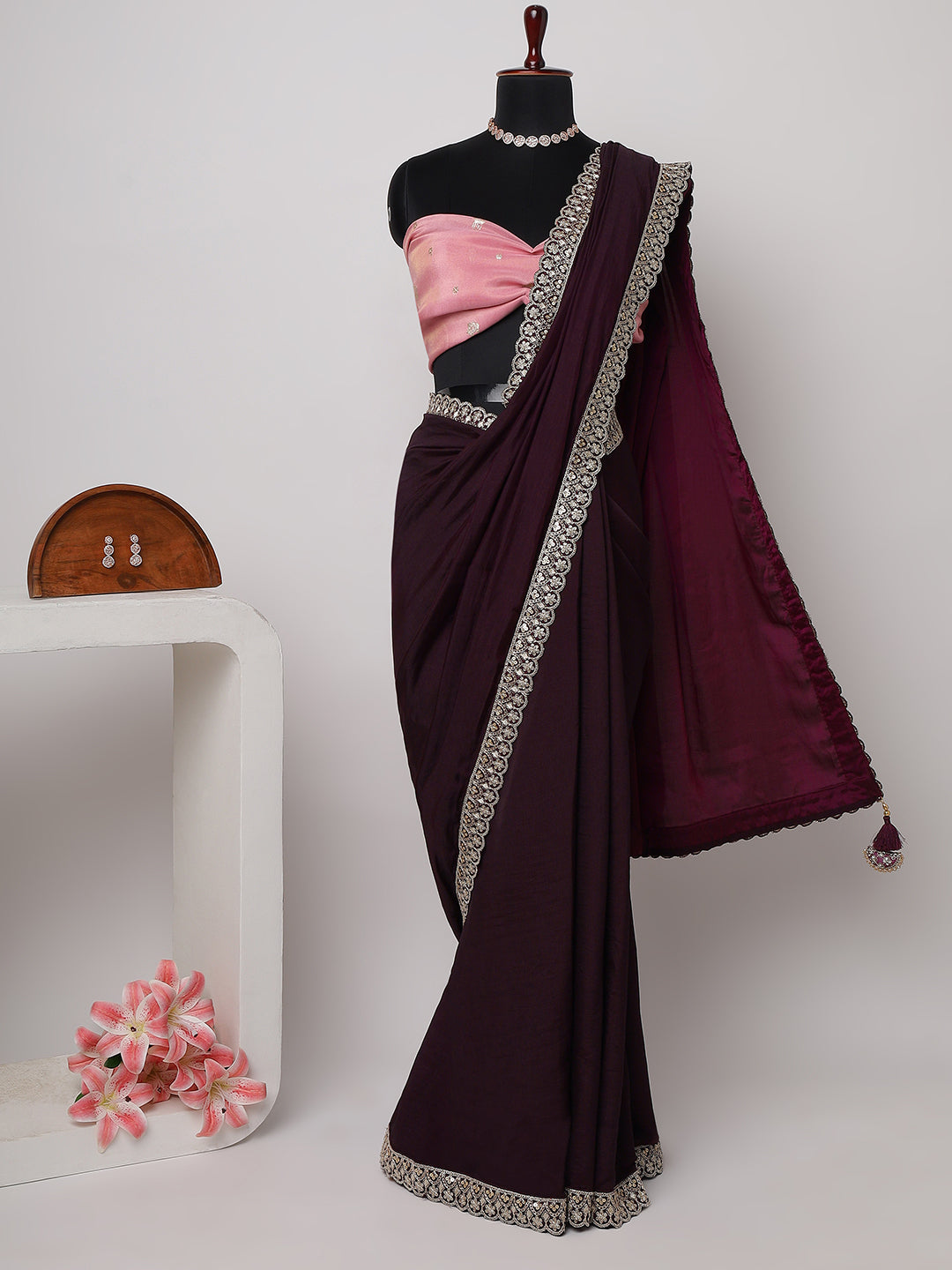 Deep Wine Saree with Intricate Silver Border