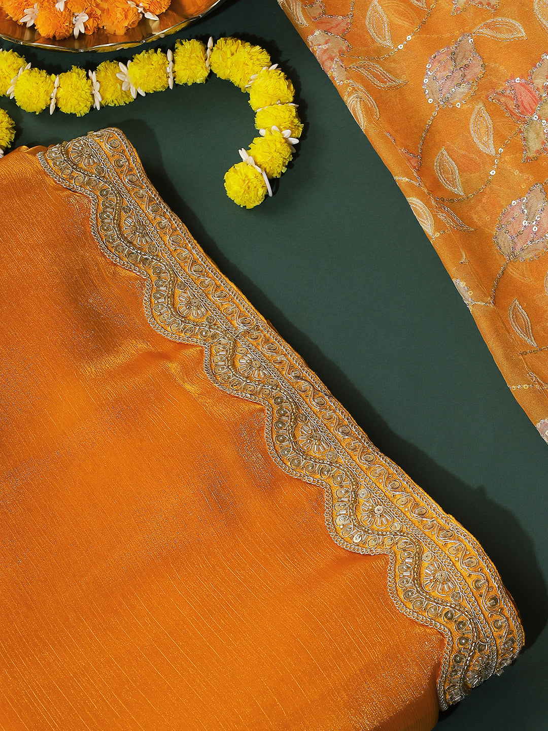 Festive Mustard Yellow Saree with Embroidered Blouse & Scalloped Border