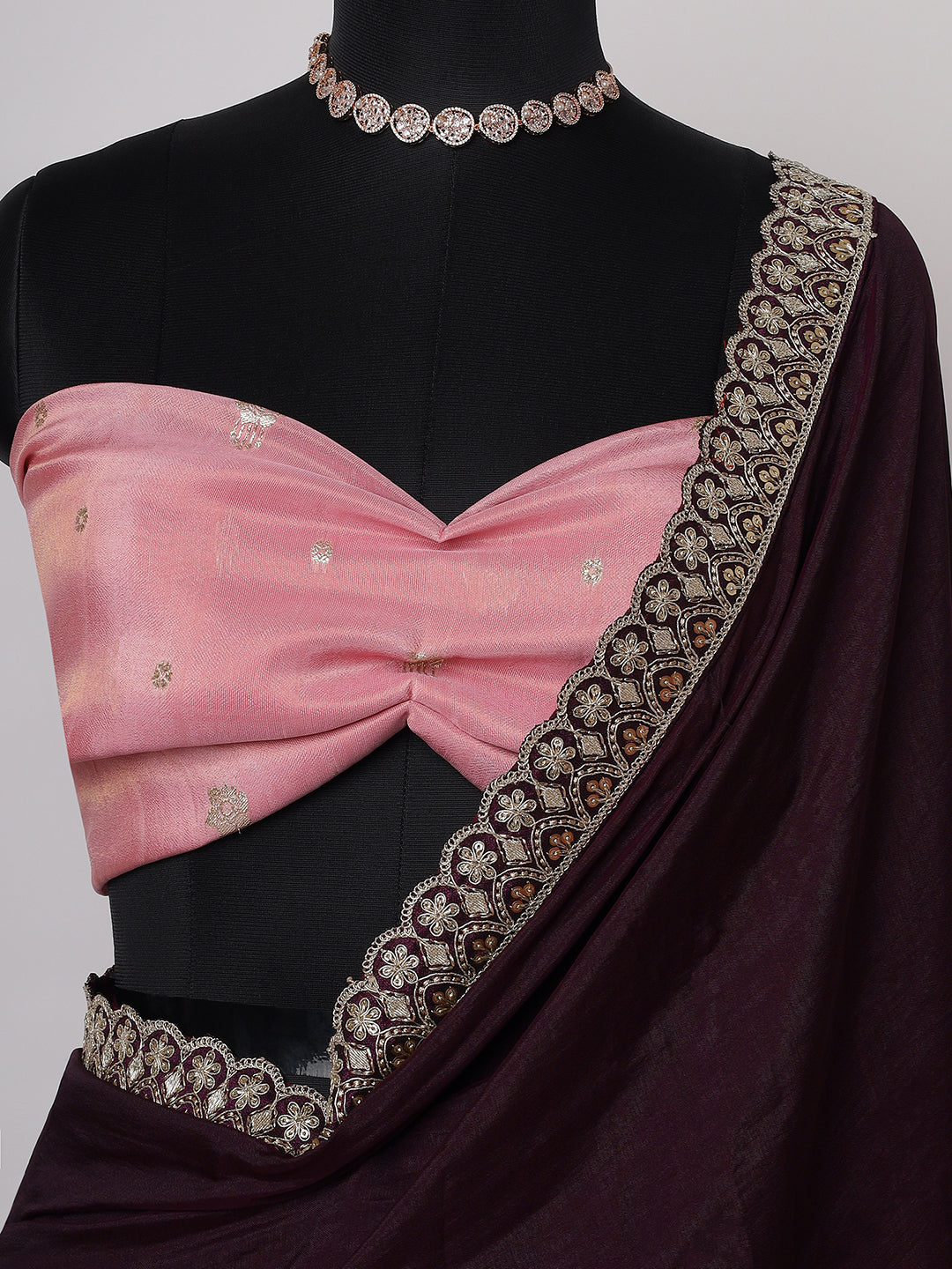 Deep Wine Saree with Intricate Silver Border
