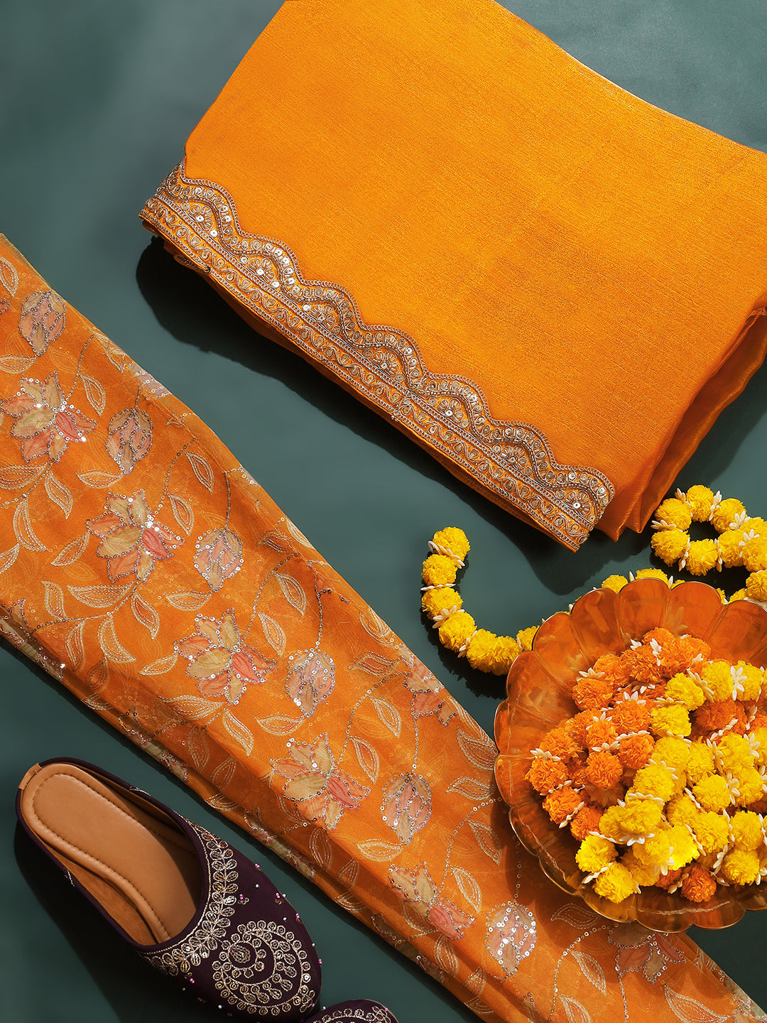 Festive Mustard Yellow Saree with Embroidered Blouse & Scalloped Border