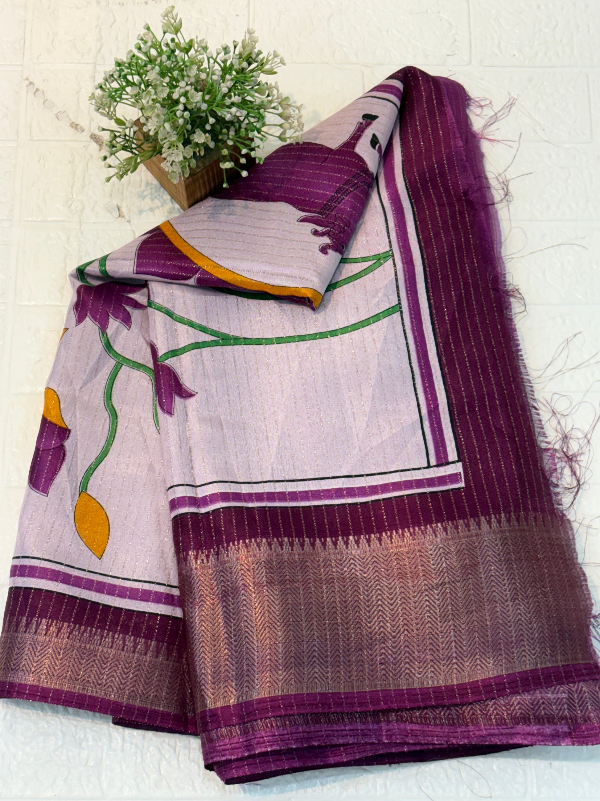 Name: Wine & Pink Floral Saree semi Silk fabric with printed floral pallu and metallic woven texture