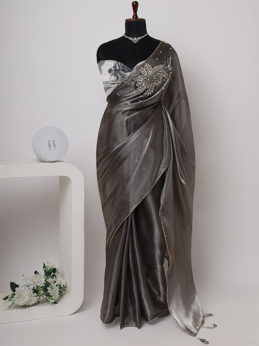 Grey Organza Saree with Hand-Embroidered Bead & Stone Work