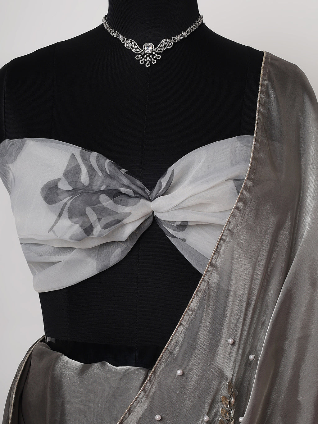 Grey Organza Saree with Hand-Embroidered Bead & Stone Work