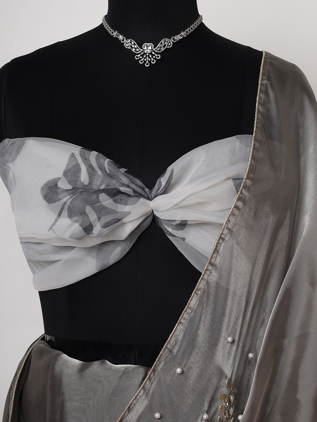 Grey Organza Saree with Hand-Embroidered Bead & Stone Work