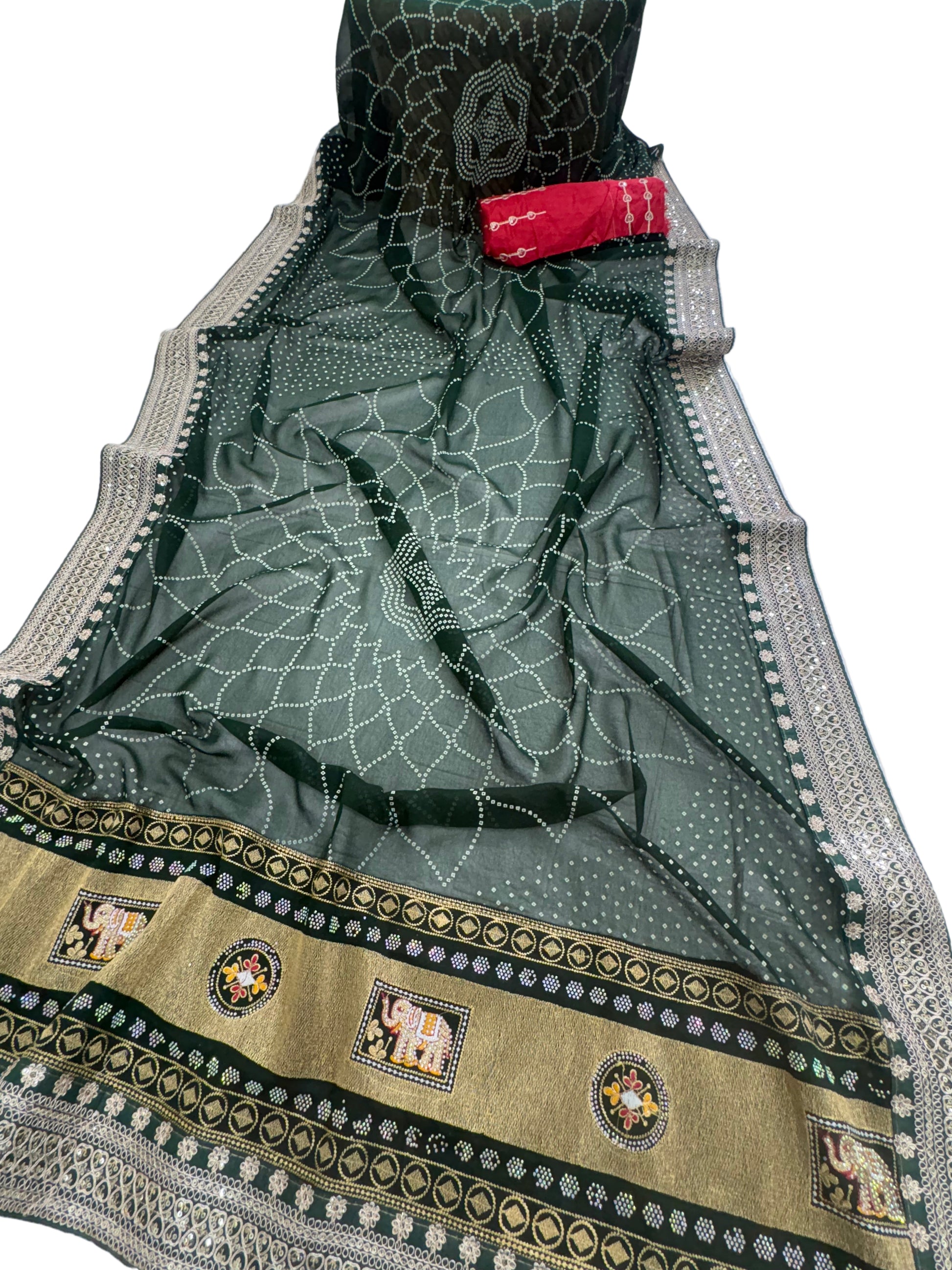 Name: Emerald Bandhej saree Traditional georgette saree featuring intricate bandhej patterns with golden zari and ethnic motif border.
