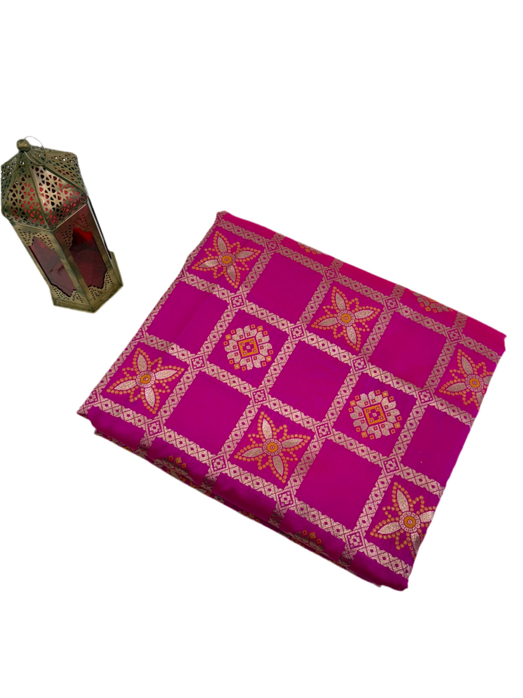 Name deep Pink saree fabric pure Art silk blend adorned with traditional block print motifs and a contrasting yellow border for a timeless ethic appeal