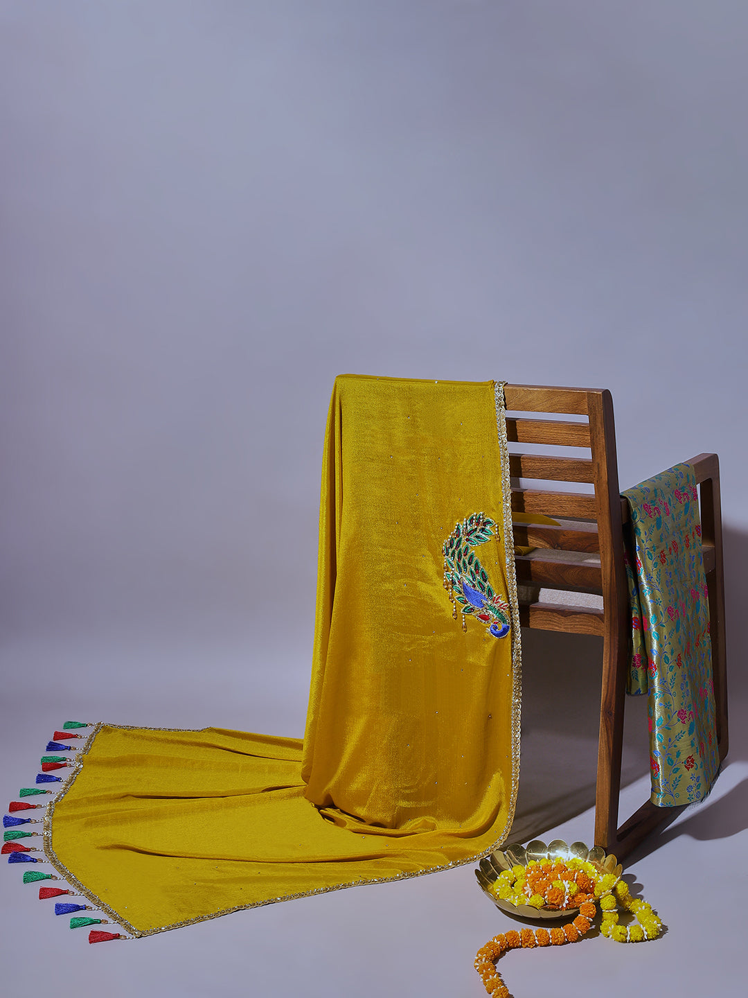 Mustard Yellow Velvet Peacock Embroidered Saree