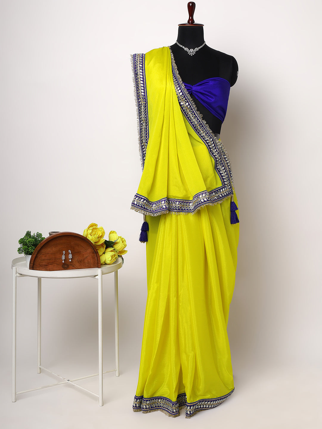 Vibrant Yellow Saree with Royal Blue Mirror-Work Border & Contrast Blouse