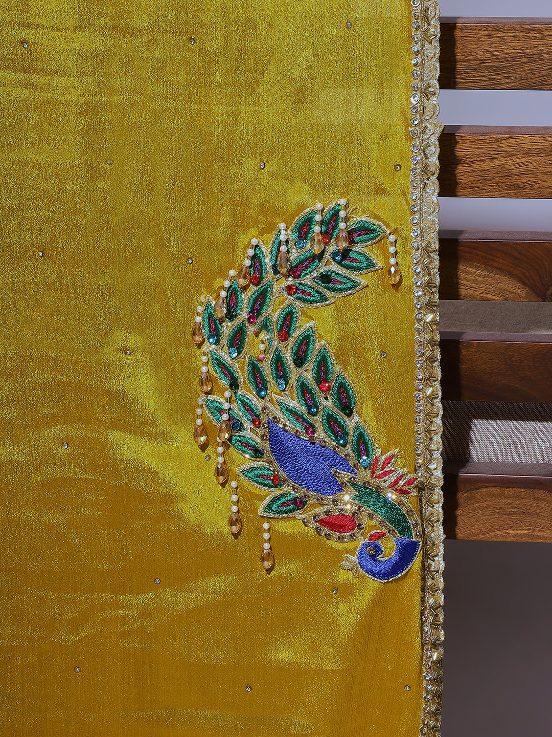 Mustard Yellow Velvet Peacock Embroidered Saree