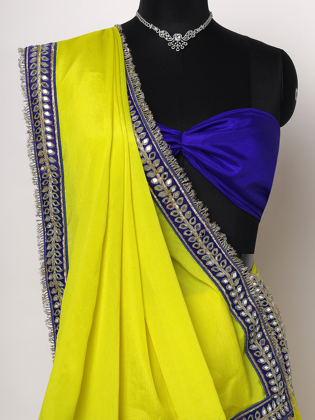 Vibrant Yellow Saree with Royal Blue Mirror-Work Border & Contrast Blouse