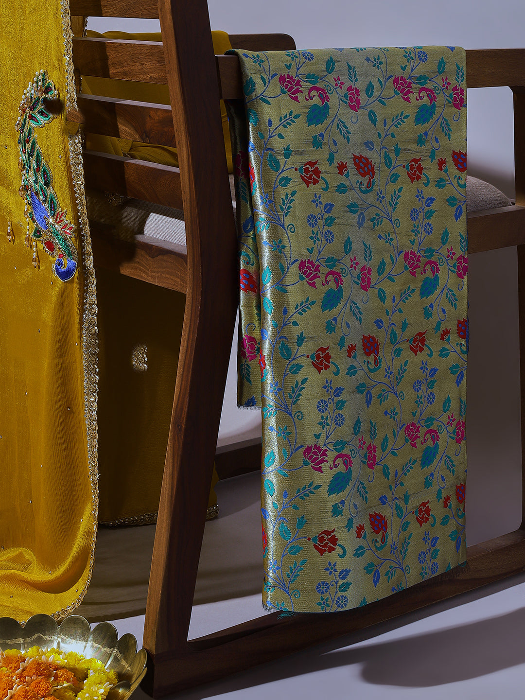 Mustard Yellow Velvet Peacock Embroidered Saree