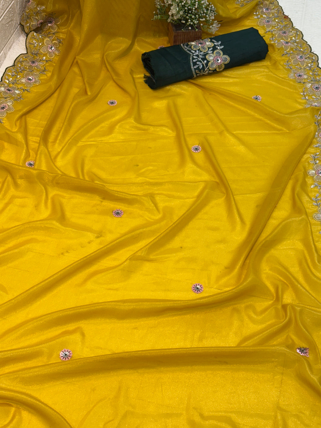 Name: Mustard Yellow colour Embroidered Saree Soft silk with thread and sequin floral border embroidery and contrast blouse bottle green colour best for festival