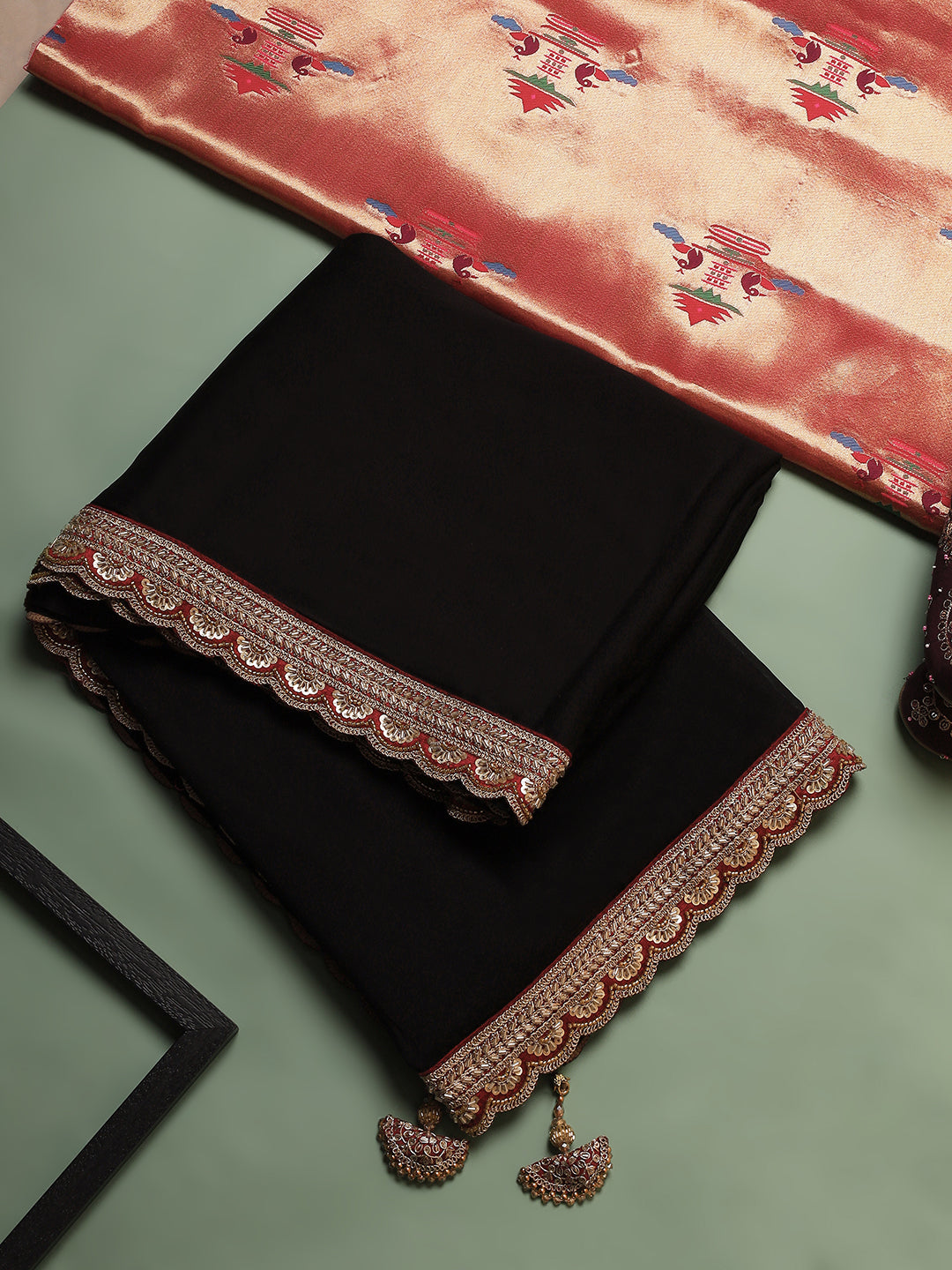 Black Georgette Saree with Embroidered Scallop Border & Tassels