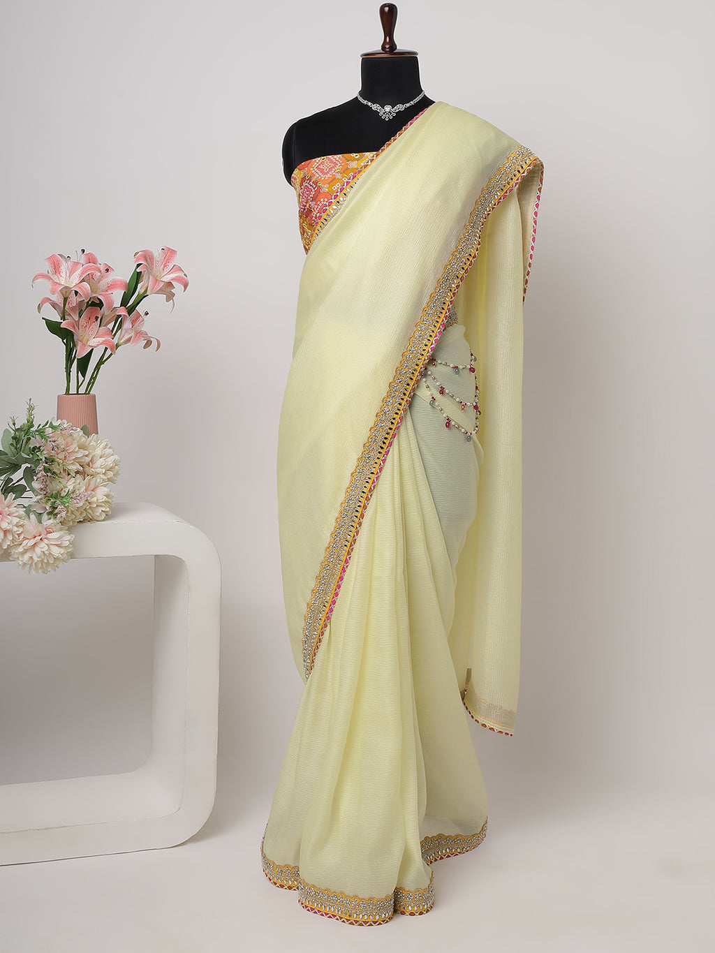 “Lemon Zest” – Soft Yellow Saree with Multicolor Embroidered Blouse