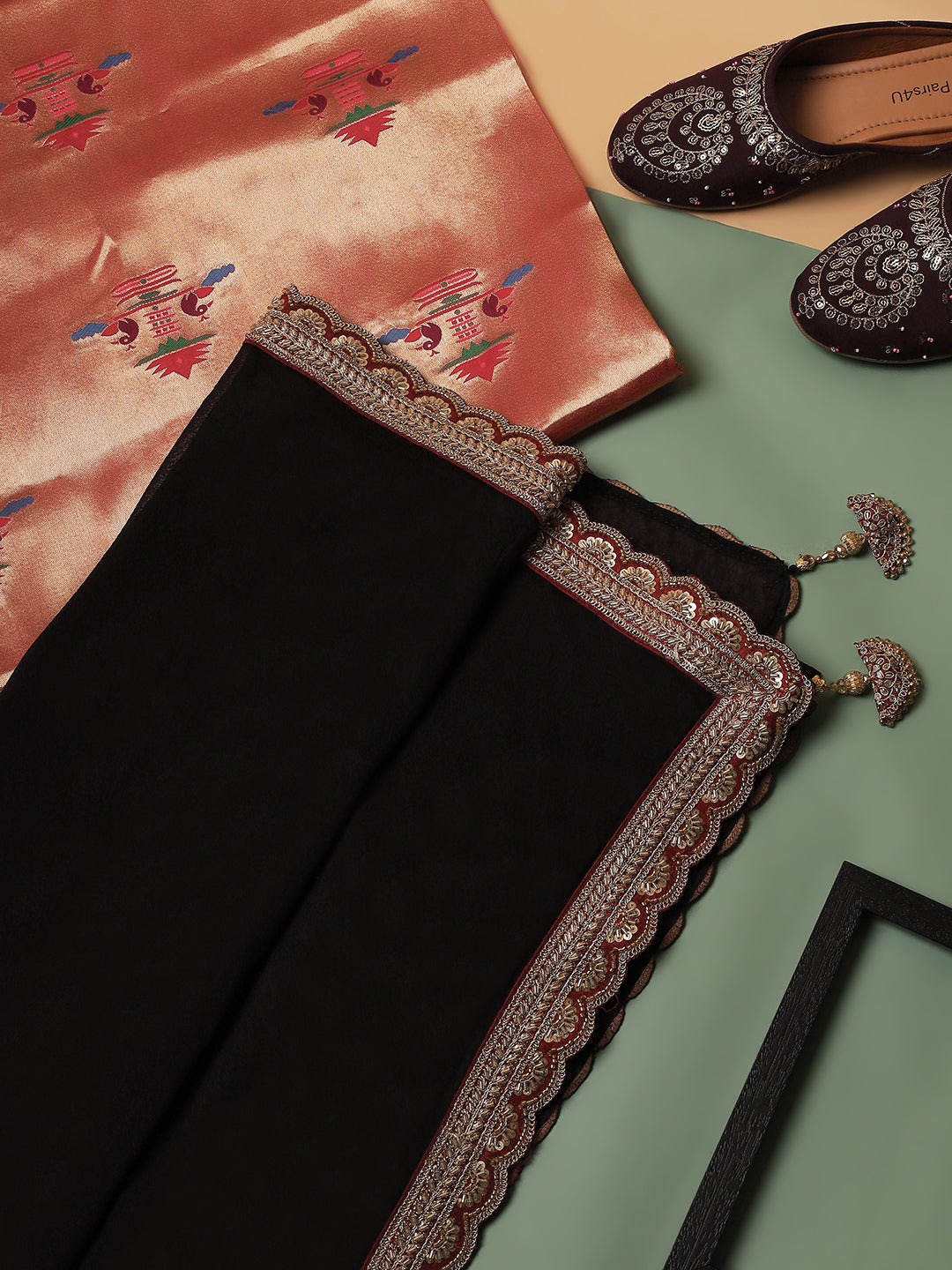 Black Georgette Saree with Embroidered Scallop Border & Tassels